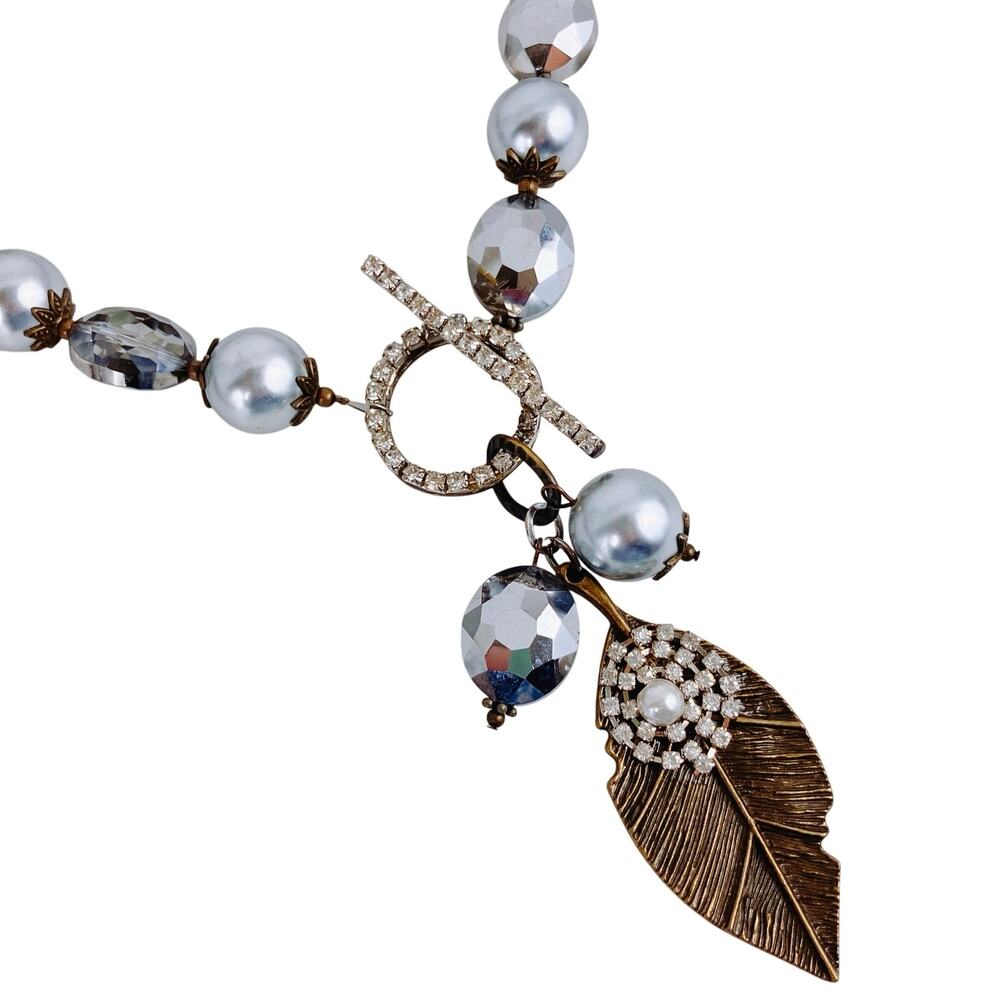 Vintage Style Glass Rhinestone, Faux Pearl, Leaf Pendant Necklace, early 2000s